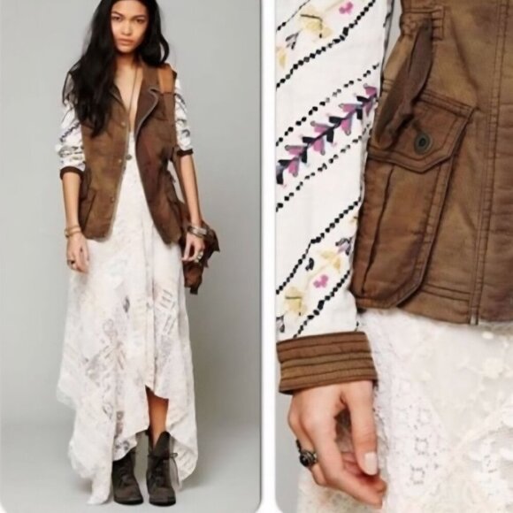 Free People Follow Your Heart Utility Jacket Brown Printed Sleeves Size L - Picture 4 of 10